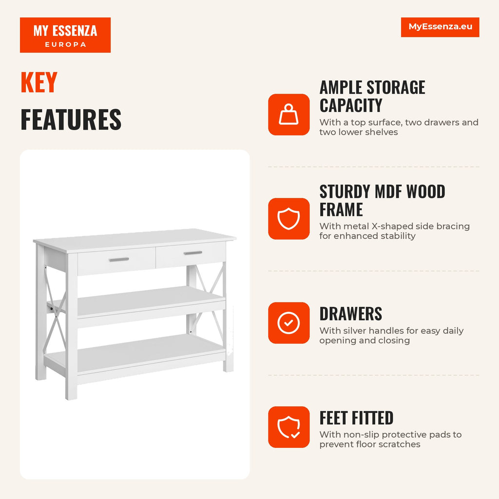 Modern Style Console Table with 2 Drawers and Shelves 105x40x76 cm White — Infografia EN (vantagens)
