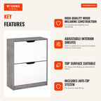 Modern Shoe Cabinet with 2 Flip Shelves for 8 Pairs 62.5x26x81 cm Grey — Infografia EN (vantagens)
