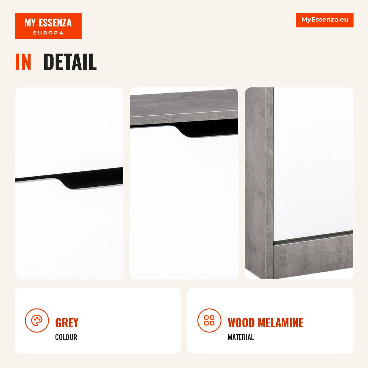Modern Shoe Cabinet with 2 Flip Shelves for 8 Pairs 62.5x26x81 cm Grey — Infografia EN (detalhe)