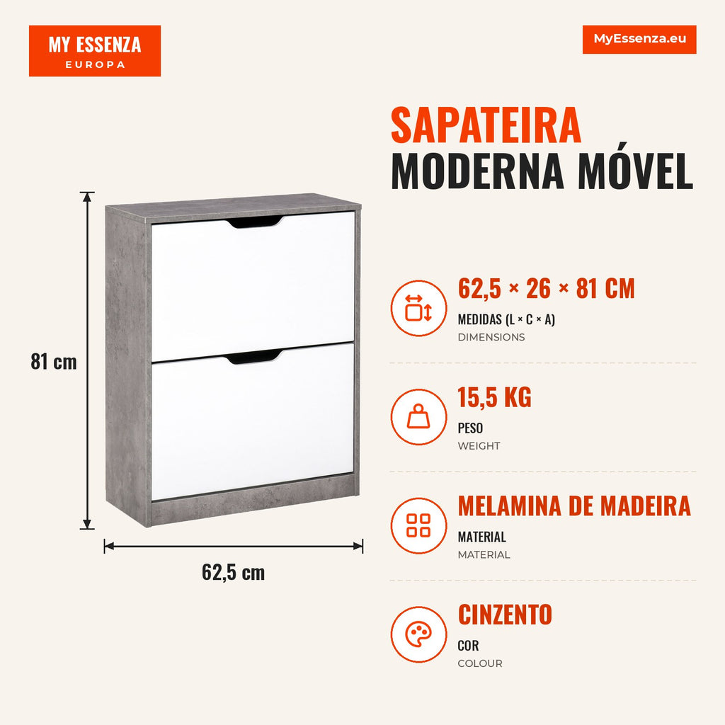 Modern Shoe Cabinet with 2 Flip Shelves for 8 Pairs 62.5x26x81 cm Grey — Infografia PT (medidas)