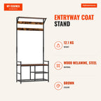 Entryway Coat Stand with 3 Shelves 9 Hooks Industrial-Style Entry Cabinet 84x34.5x180cm Brown and Black — Infografia EN (medidas)