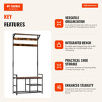 Entryway Coat Stand with 3 Shelves 9 Hooks Industrial-Style Entry Cabinet 84x34.5x180cm Brown and Black — Infografia EN (vantagens)