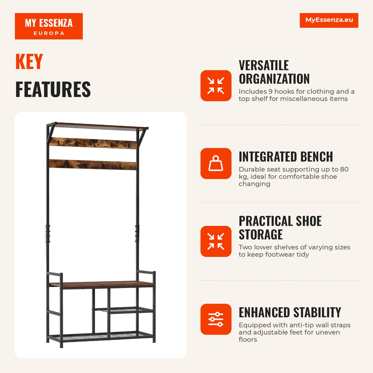 Entryway Coat Stand with 3 Shelves 9 Hooks Industrial-Style Entry Cabinet 84x34.5x180cm Brown and Black — Infografia EN (vantagens)