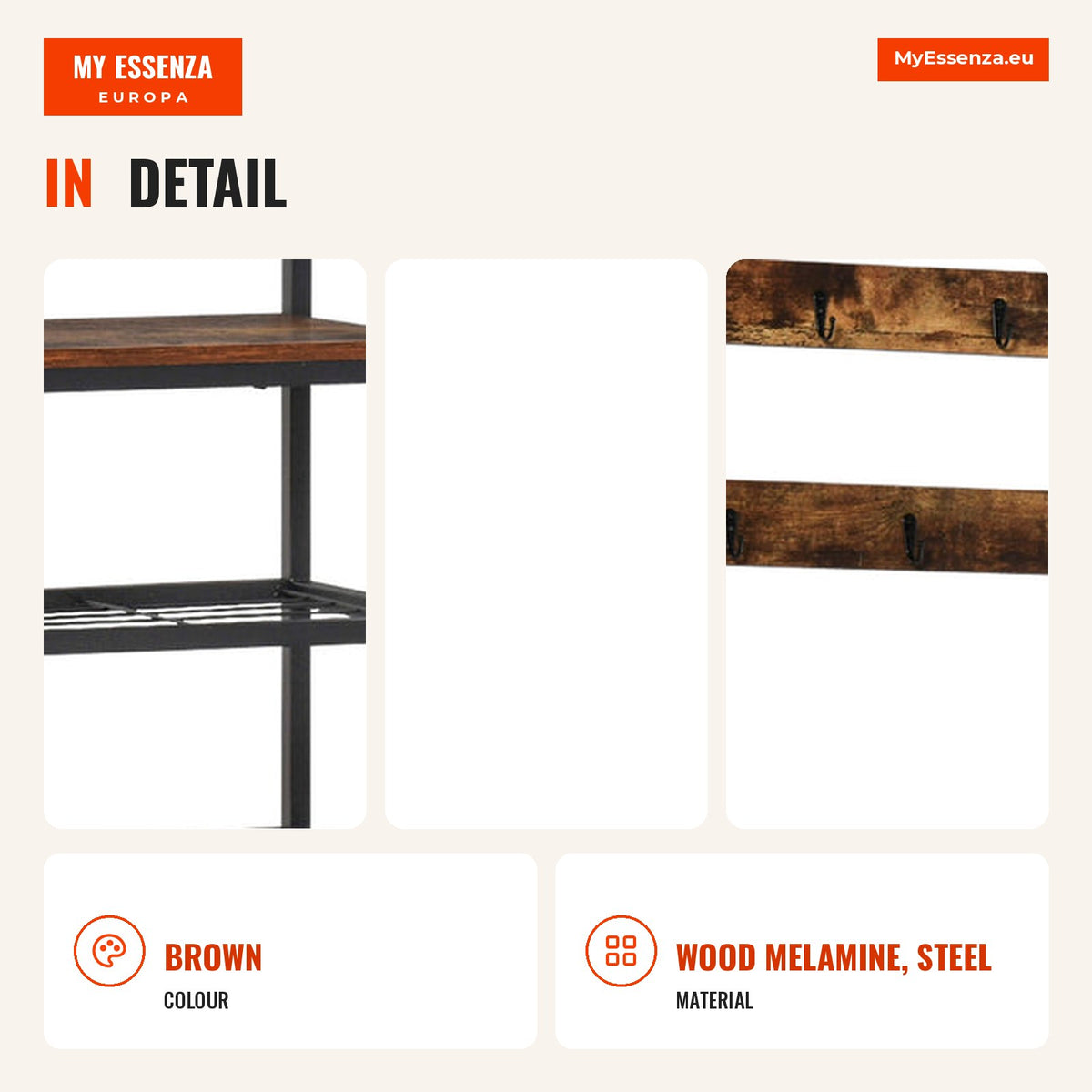 Entryway Coat Stand with 3 Shelves 9 Hooks Industrial-Style Entry Cabinet 84x34.5x180cm Brown and Black — Infografia EN (detalhe)