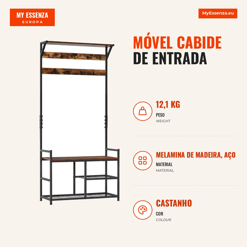 Entryway Coat Stand with 3 Shelves 9 Hooks Industrial-Style Entry Cabinet 84x34.5x180cm Brown and Black — Infografia PT (medidas)