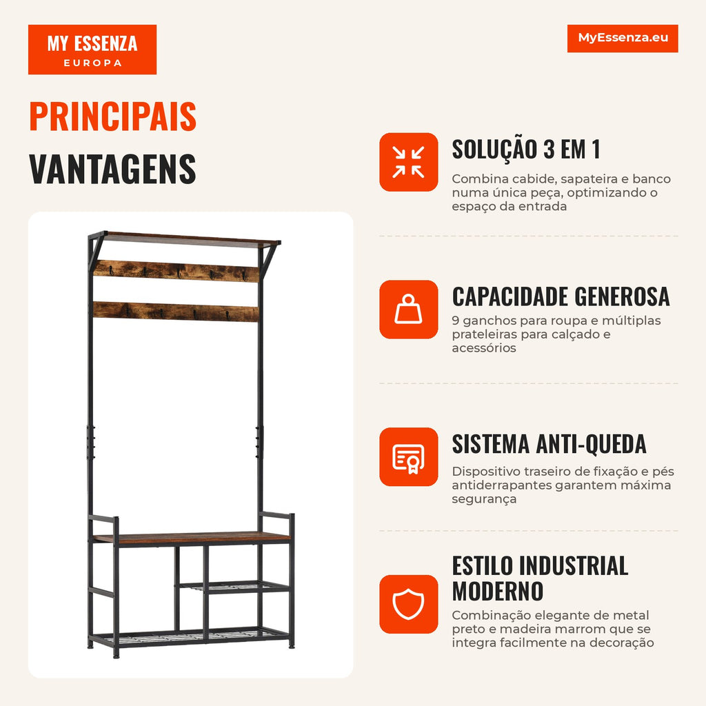 Entryway Coat Stand with 3 Shelves 9 Hooks Industrial-Style Entry Cabinet 84x34.5x180cm Brown and Black — Infografia PT (vantagens)