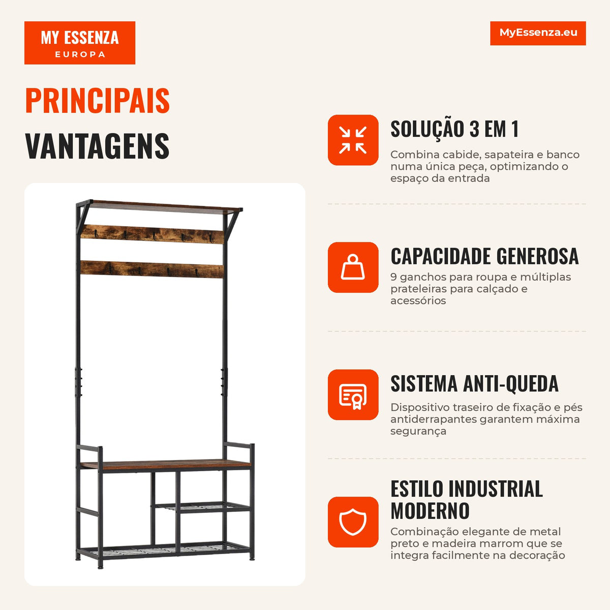 Entryway Coat Stand with 3 Shelves 9 Hooks Industrial-Style Entry Cabinet 84x34.5x180cm Brown and Black — Infografia PT (vantagens)