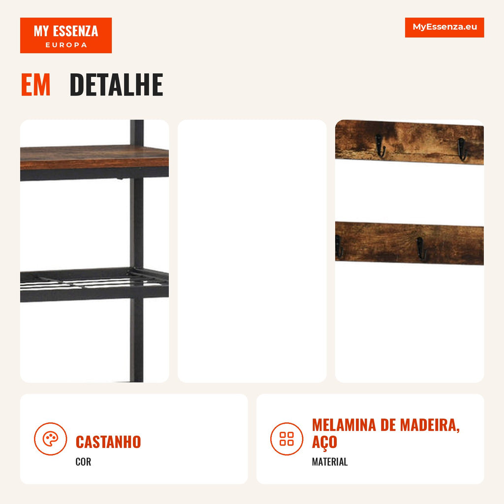 Entryway Coat Stand with 3 Shelves 9 Hooks Industrial-Style Entry Cabinet 84x34.5x180cm Brown and Black — Infografia PT (detalhe)