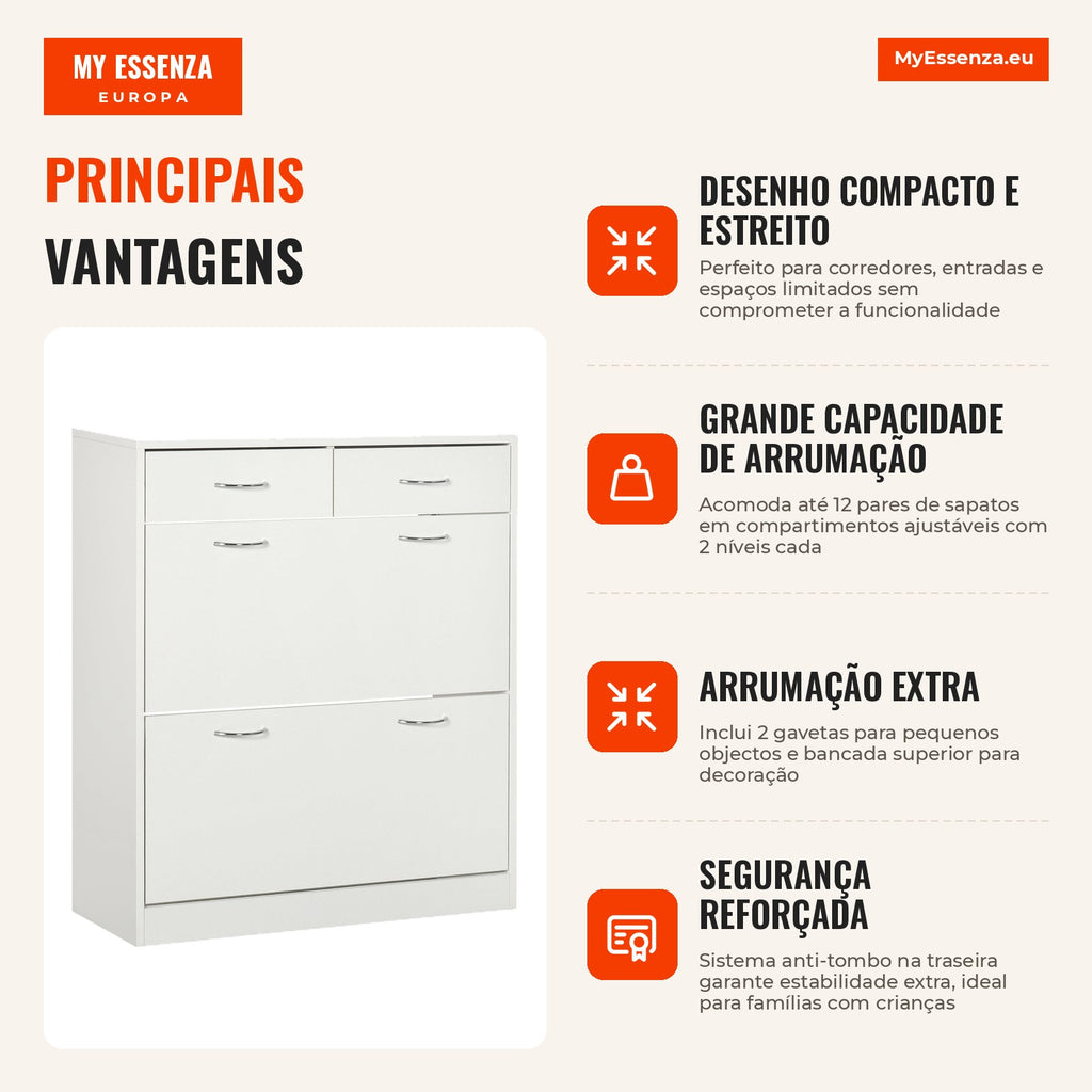 Meuble Chaussures Étroit Mobile pour 12 Paires avec 2 Compartiments et 2 Tiroirs 80x30x91,5 cm Blanc HOMCOM — Infografia PT (vantagens)