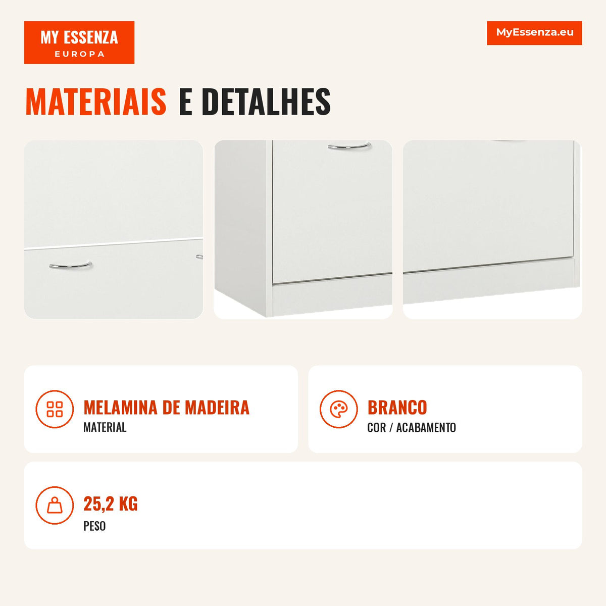 Meuble Chaussures Étroit Mobile pour 12 Paires avec 2 Compartiments et 2 Tiroirs 80x30x91,5 cm Blanc HOMCOM — Infografia PT (materiais e detalhes)