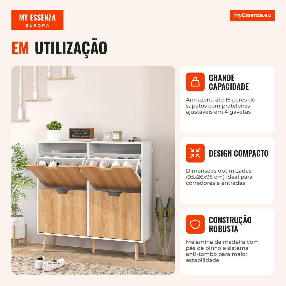 Shoe Cabinet with 4 Drawers and Adjustable Shelves Hallway Shoe Rack for 16 Pairs 95x26x95 cm White and Wood — Infografia PT (detalhe)