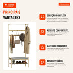 Entryway Hall Stand with Shoe Rack, 10 Hooks, Top Bar and Padded Bench, 73.5x34x171 cm, Bamboo and Grey — Infografia PT (vantagens)