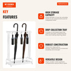 Modern Steel Umbrella Stand with 24 Hooks & Removable Drip Tray — Infografia EN (vantagens)