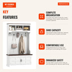 Entrance Hall Storage Unit with Bench, 5 Hooks, 3 Shelves 105x40x180 cm White HOMCOM — Infografia EN (vantagens)