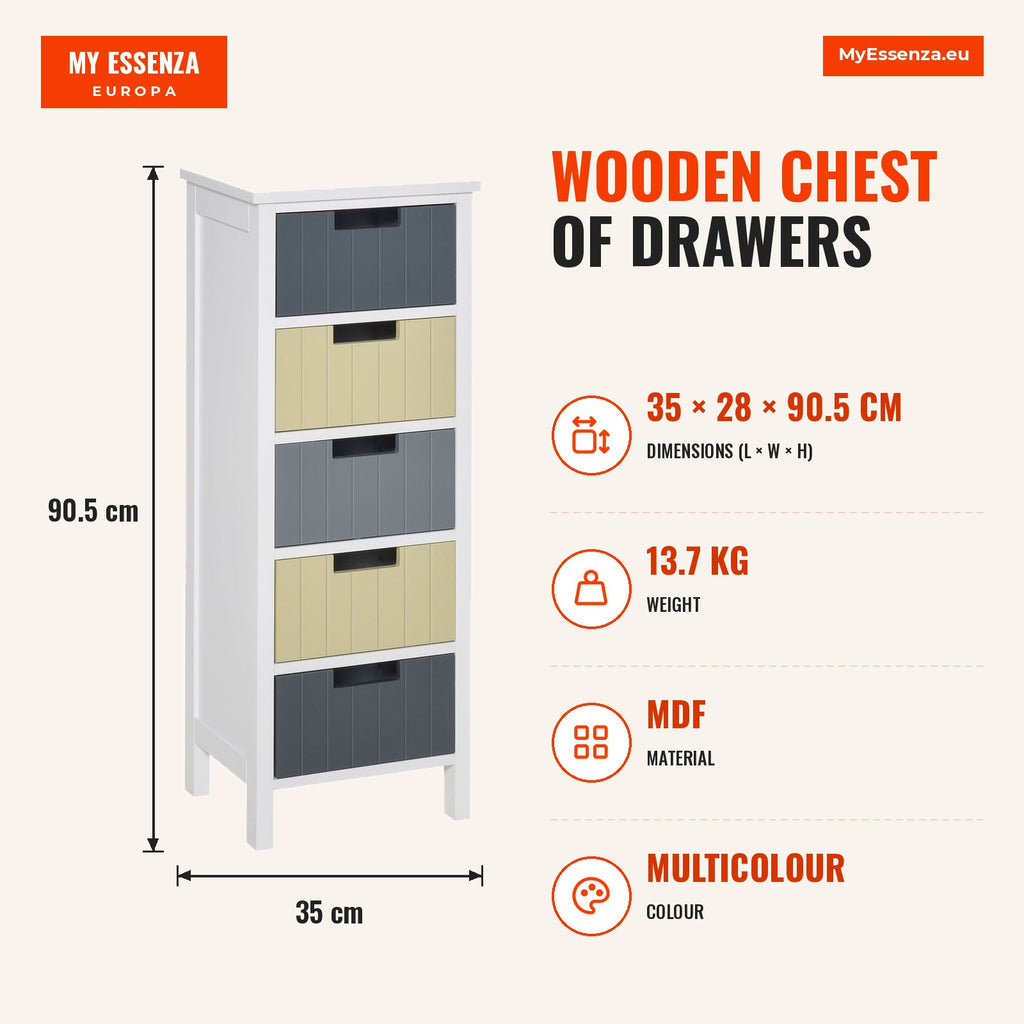 Wooden Chest of Drawers with 5 Drawers Elevated Feet Modern Style for Bedroom Living Room Bathroom 35x28x90.5cm Multicol — Infografia EN (medidas)