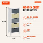 Wooden Chest of Drawers with 5 Drawers Elevated Feet Modern Style for Bedroom Living Room Bathroom 35x28x90.5cm Multicol — Infografia EN (medidas)