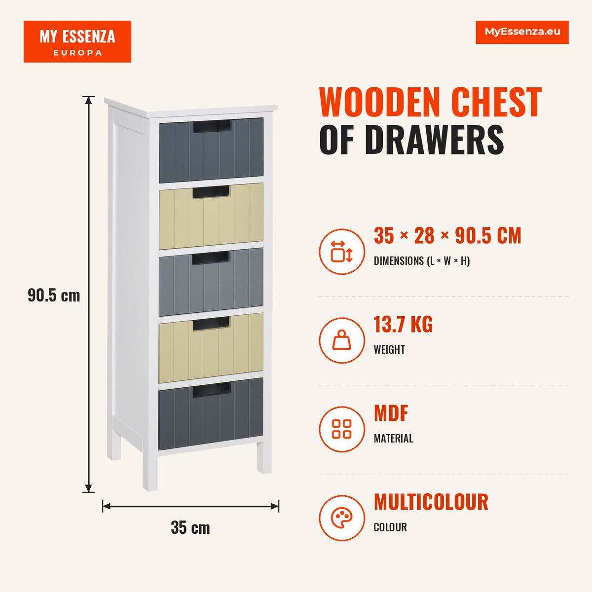 Wooden Chest of Drawers with 5 Drawers Elevated Feet Modern Style for Bedroom Living Room Bathroom 35x28x90.5cm Multicol — Infografia EN (medidas)