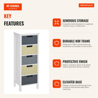 Wooden Chest of Drawers with 5 Drawers Elevated Feet Modern Style for Bedroom Living Room Bathroom 35x28x90.5cm Multicol — Infografia EN (vantagens)