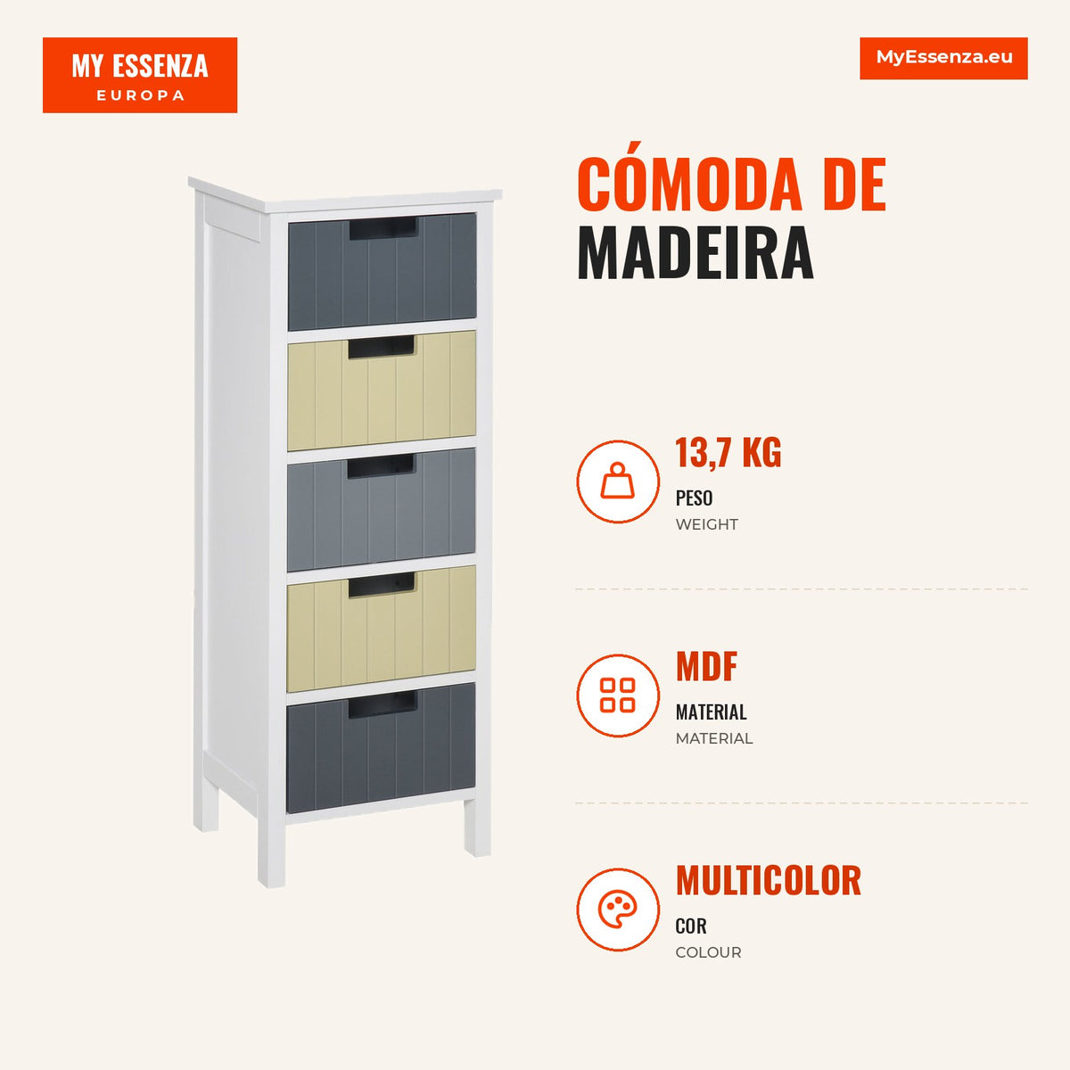 Wooden Chest of Drawers with 5 Drawers Elevated Feet Modern Style for Bedroom Living Room Bathroom 35x28x90.5cm Multicol — Infografia PT (medidas)