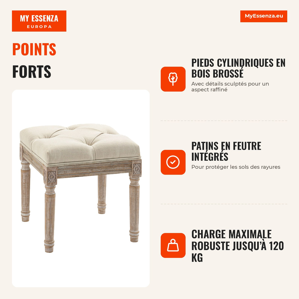 Vintage Style Living Room Bench with Button-Tufted Seat and Carved Wooden Legs 40x40x43 cm Beige HOMCOM — Infografia FR (vantagens)