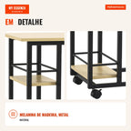 Side Table with Wheels C-Shaped Sofa Bed Table with 2 Shelves and Brakes for Bedroom Living Room 60x34.5x64.5cm Wood — Infografia PT (detalhe)
