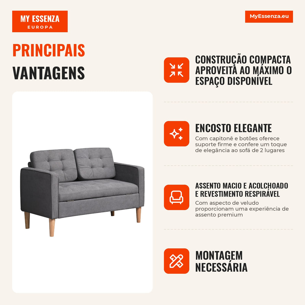 Sofá 2 lugares, sofá com armazenamento, pés de madeira, sofá estofado com acabamento em veludo para sala de estar, quart — Infografia PT (vantagens)