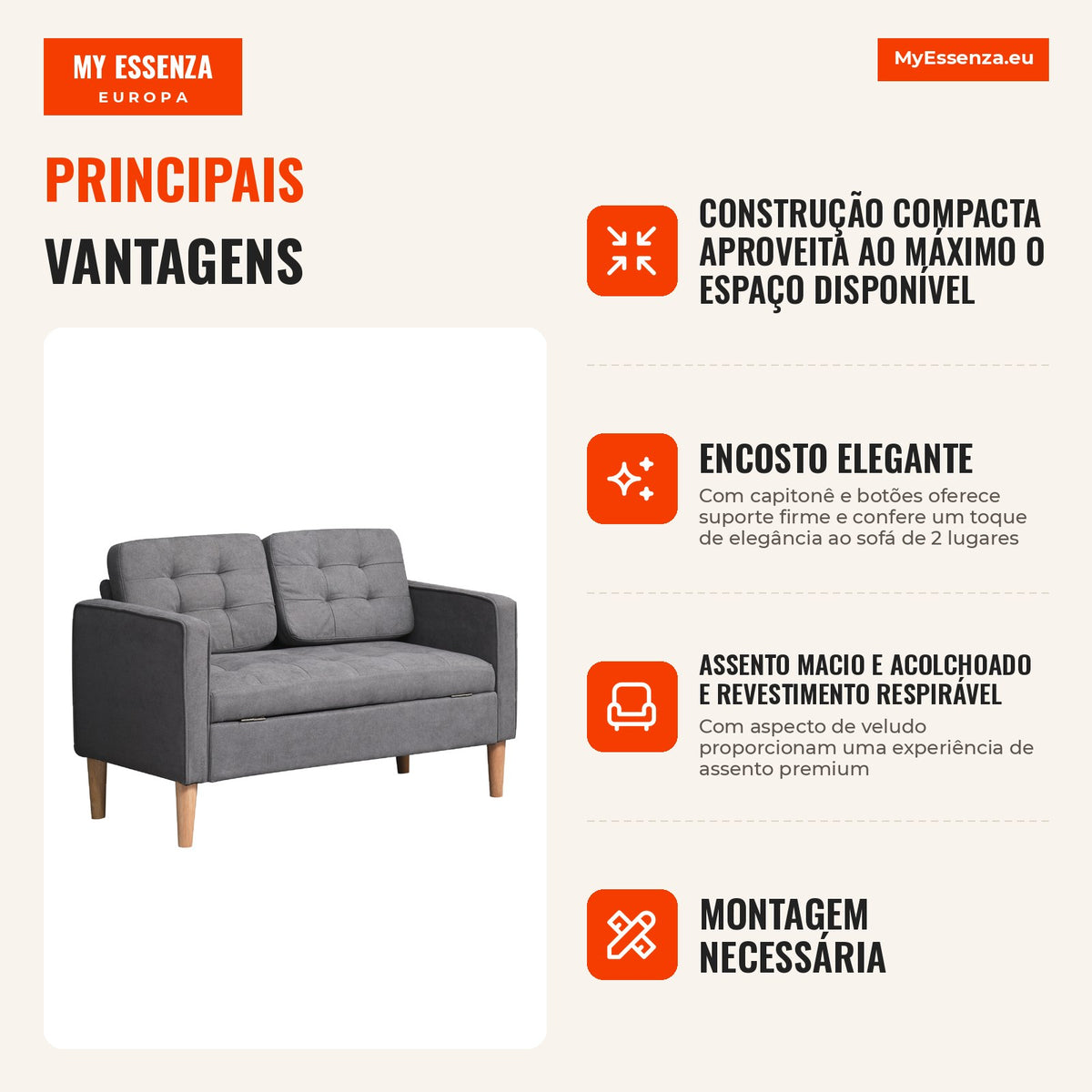 Sofá 2 lugares, sofá com armazenamento, pés de madeira, sofá estofado com acabamento em veludo para sala de estar, quart — Infografia PT (vantagens)