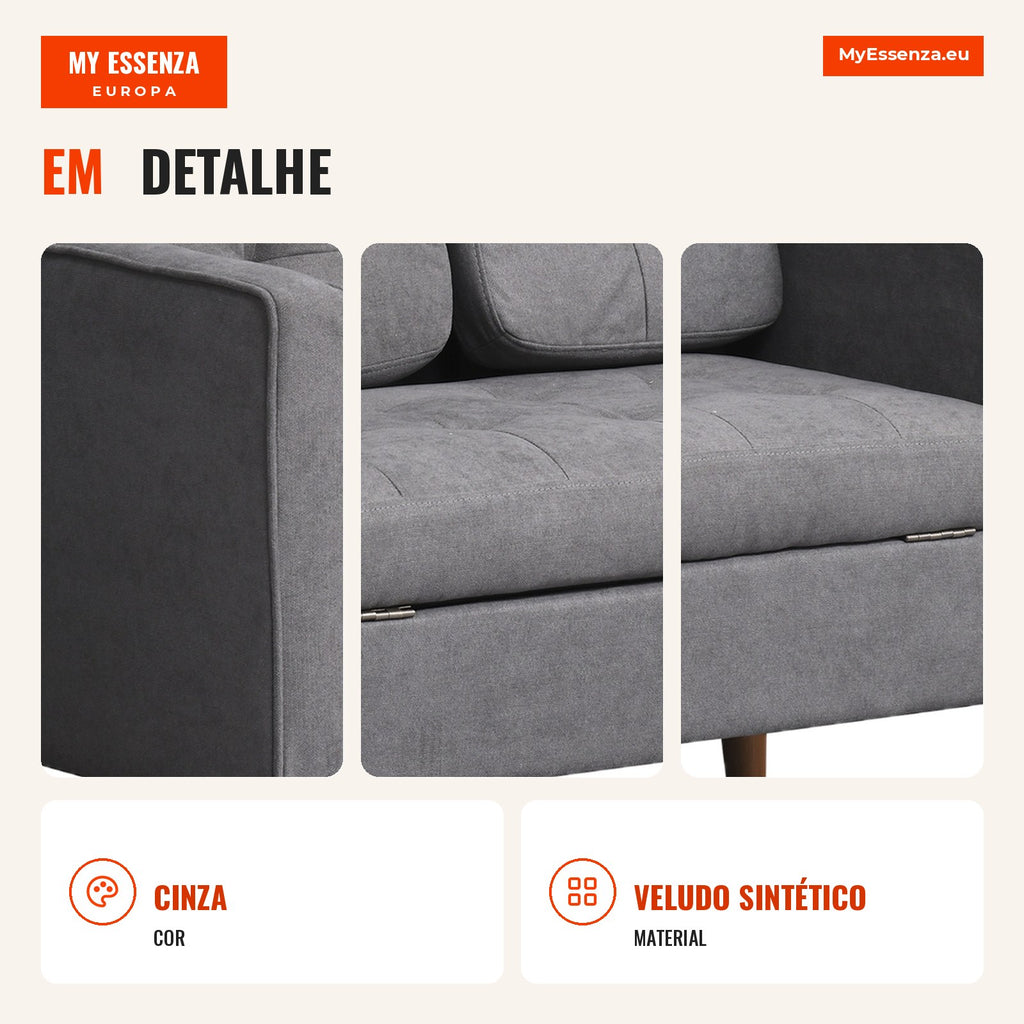 Sofá 2 lugares, sofá com armazenamento, pés de madeira, sofá estofado com acabamento em veludo para sala de estar, quart — Infografia PT (detalhe)