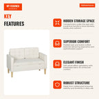 2-Seater Sofa with Storage Space Modern Velvet Sofa with Wooden Legs Buttoned Back for Living Room Bedroom Office 117x62 — Infografia EN (vantagens)