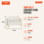 2-Seater Sofa with Storage Space Modern Velvet Sofa with Wooden Legs Buttoned Back for Living Room Bedroom Office 117x62 — Infografia PT (medidas)
