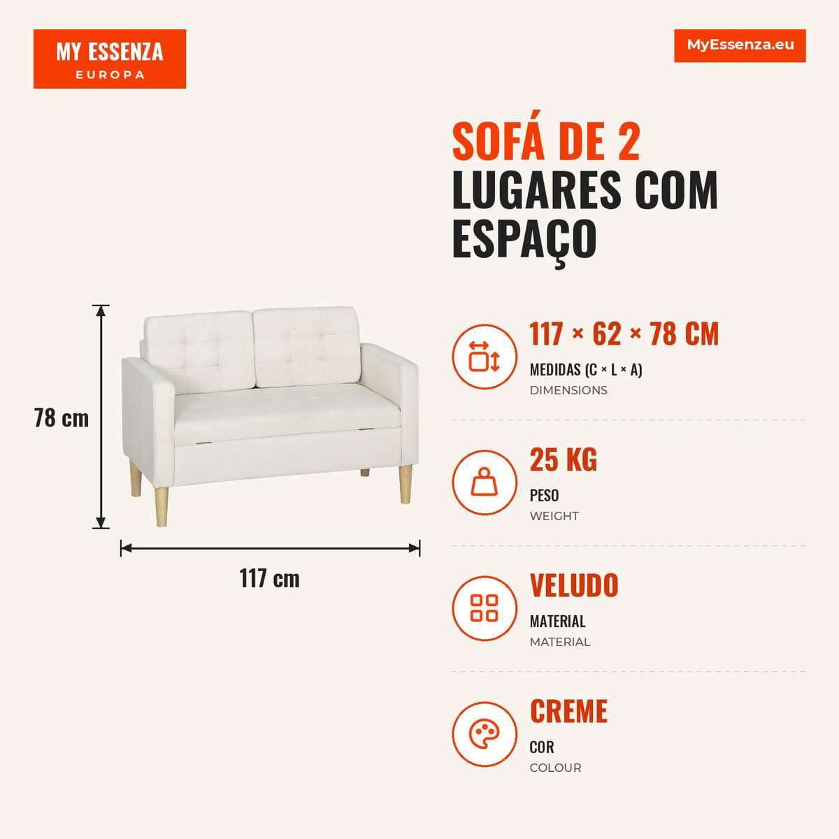 2-Seater Sofa with Storage Space Modern Velvet Sofa with Wooden Legs Buttoned Back for Living Room Bedroom Office 117x62 — Infografia PT (medidas)