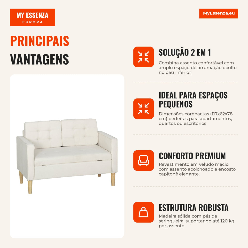 2-Seater Sofa with Storage Space Modern Velvet Sofa with Wooden Legs Buttoned Back for Living Room Bedroom Office 117x62 — Infografia PT (vantagens)