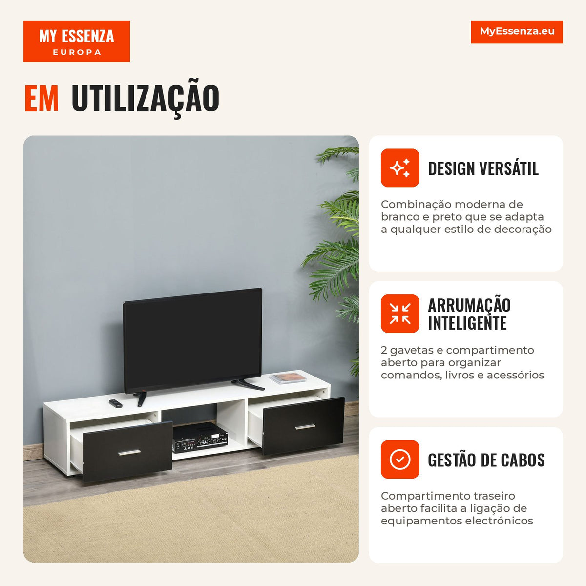 TV Stand for TVs up to 60” Modern Living Room Furniture with 2 Drawers and Open Compartment 140x30x32cm White and Black — Infografia PT (detalhe)