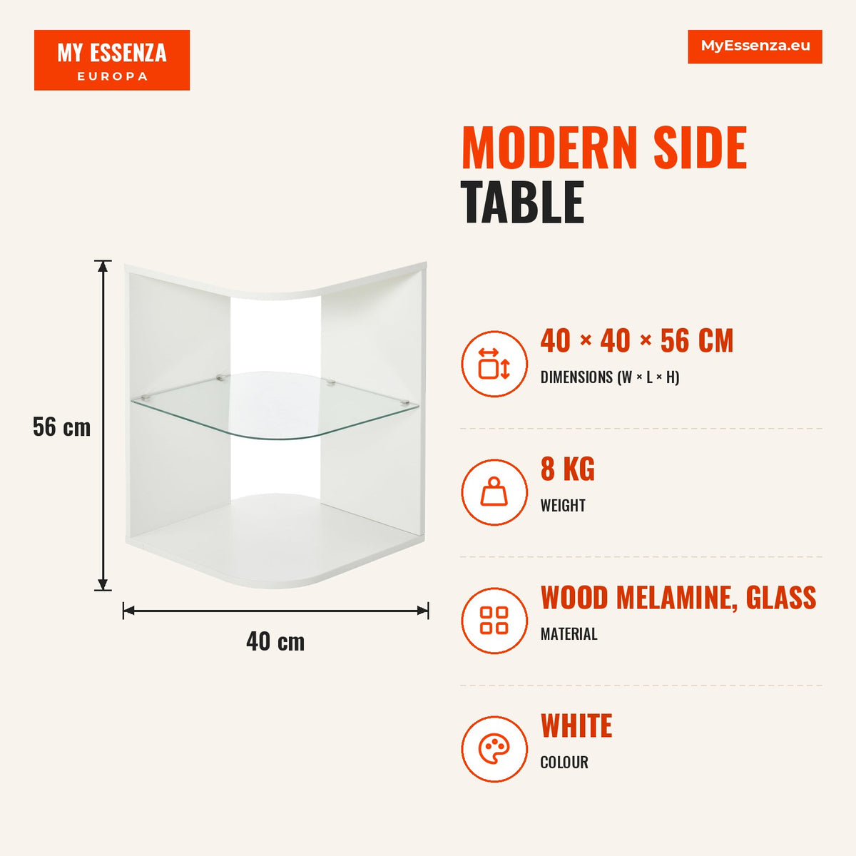 Modern Side Table with 3 Shelves and Glass 40x40x56cm White — Infografia EN (medidas)