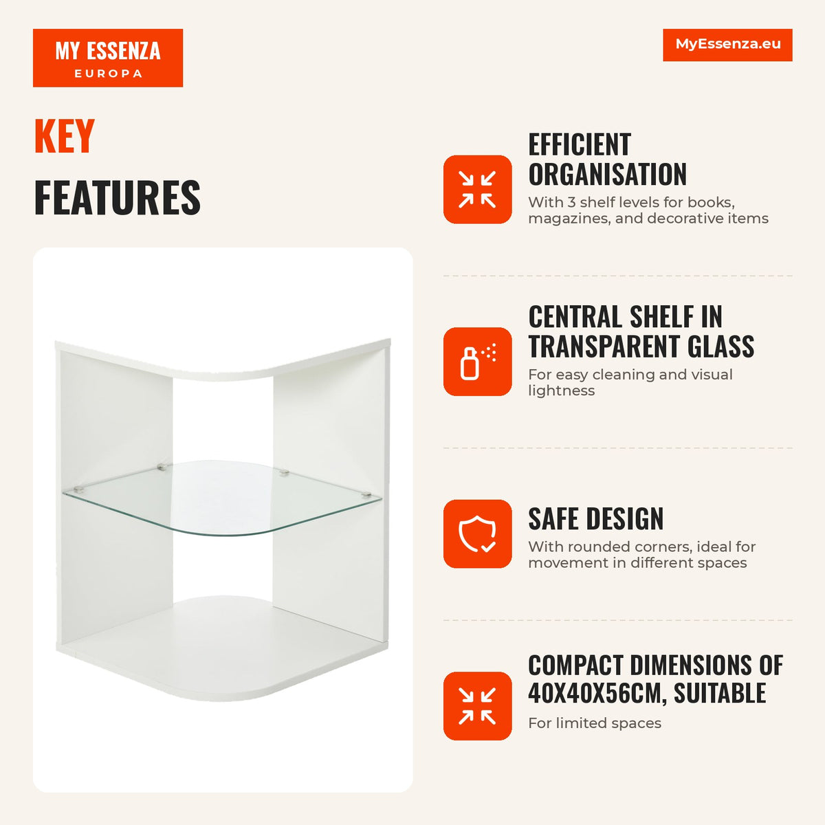 Modern Side Table with 3 Shelves and Glass 40x40x56cm White — Infografia EN (vantagens)