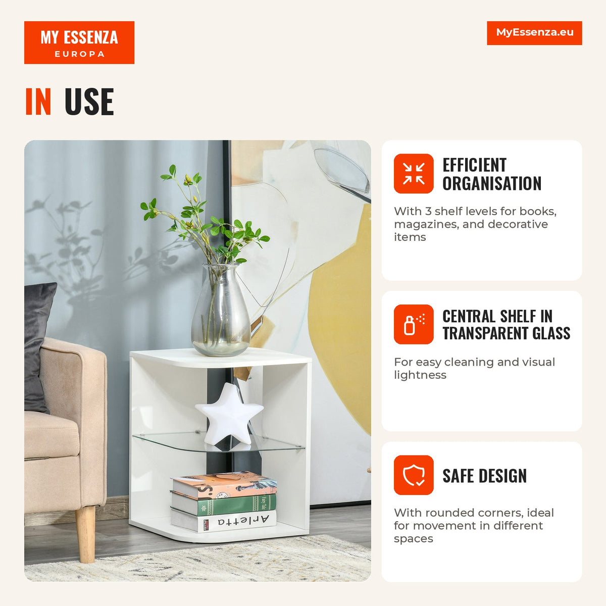 Modern Side Table with 3 Shelves and Glass 40x40x56cm White — Infografia EN (em utilização)