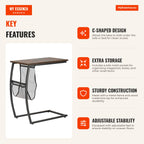 C-Shaped Side Table for Sofa and Bed with Storage Pocket 53x35x64.5cm Rustic Brown — Infografia EN (vantagens)