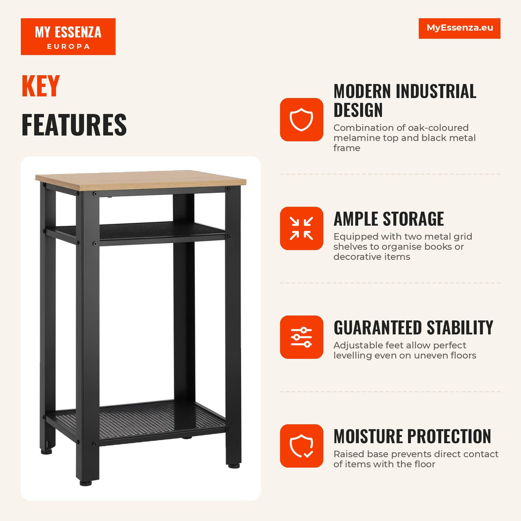 Industrial Style Side Table with 2 Metal Grid Shelves and Adjustable Feet 45x35x75cm Oak and White HOMCOM — Infografia EN (vantagens)