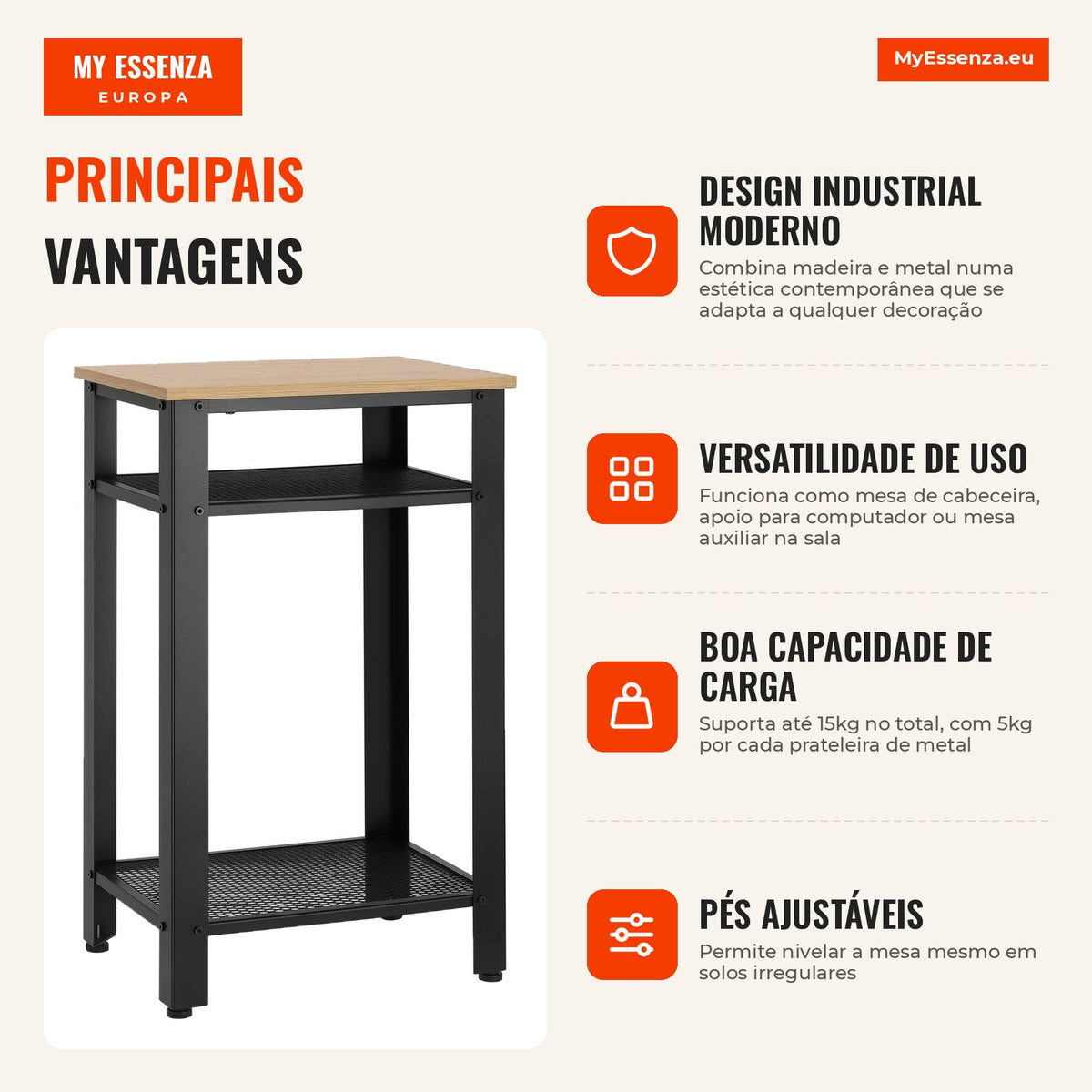 Industrial Style Side Table with 2 Metal Grid Shelves and Adjustable Feet 45x35x75cm Oak and White HOMCOM — Infografia PT (vantagens)