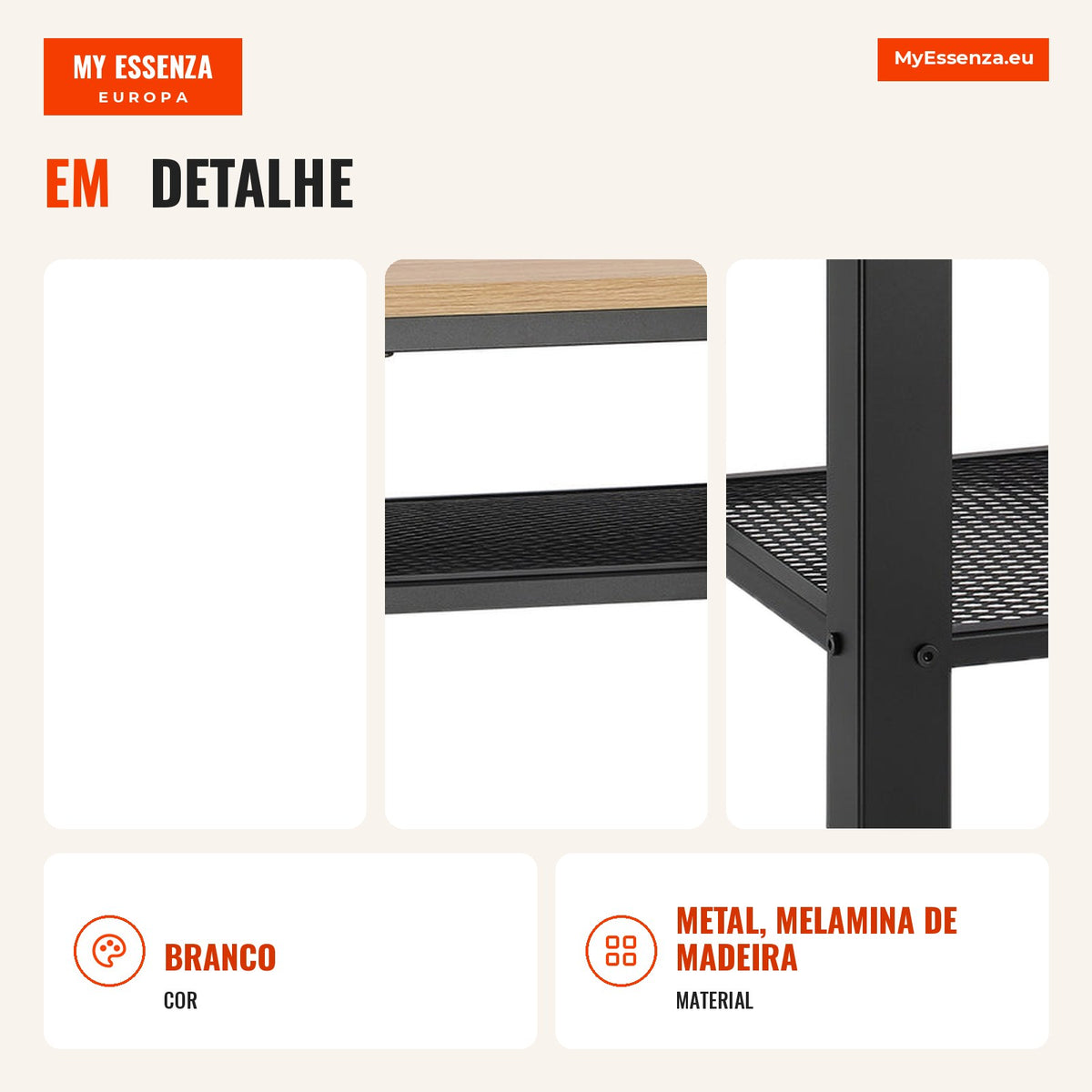 Industrial Style Side Table with 2 Metal Grid Shelves and Adjustable Feet 45x35x75cm Oak and White HOMCOM — Infografia PT (detalhe)