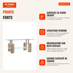 Rectangular Coffee Table with 2 Tempered Glass Shelves Stainless Steel Frame and Wooden Legs 90x50x42cm — Infografia FR (vantagens)
