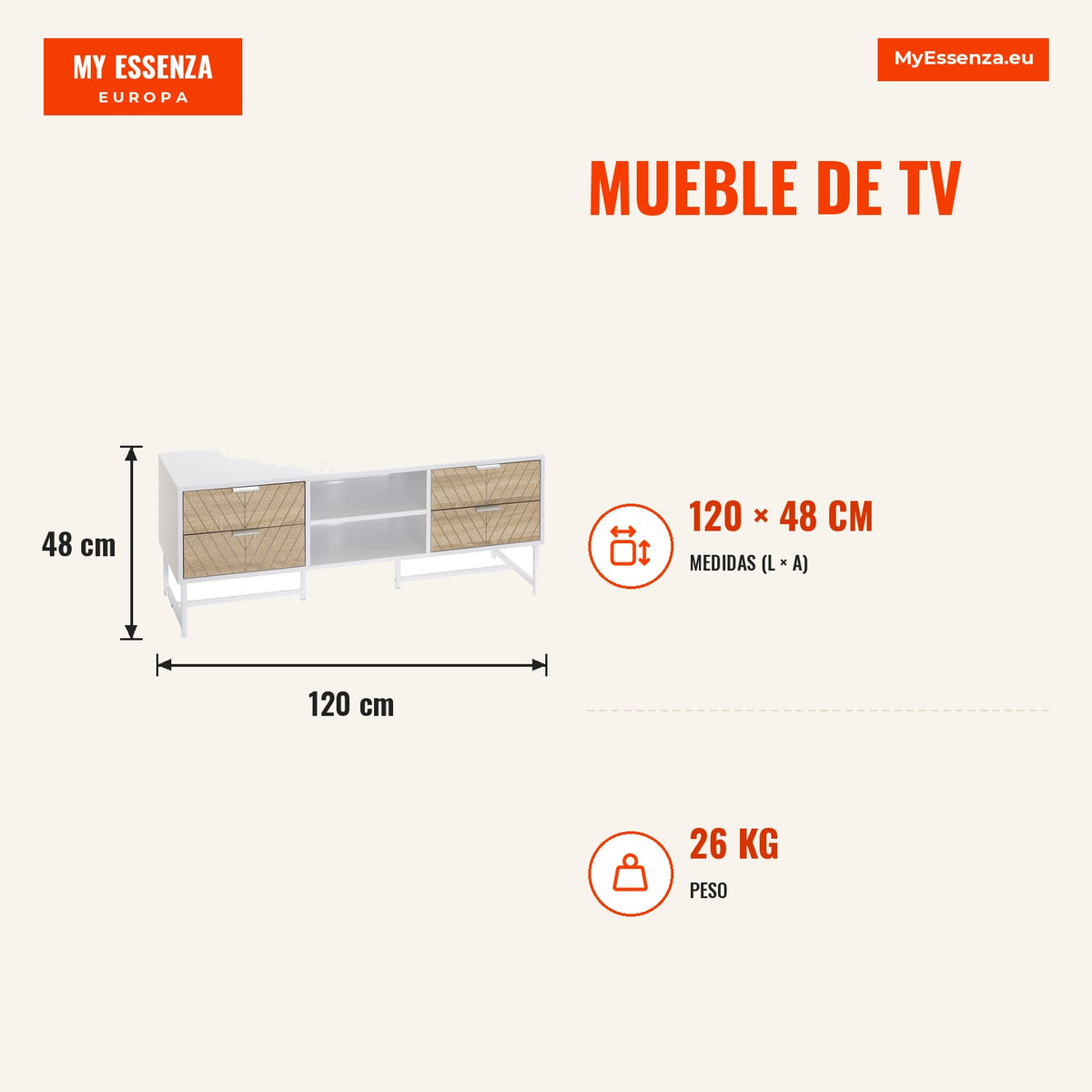 TV Unit for up to 47 Inch Modern Living Room Cabinet with 4 Drawers 2 Open Shelves and Cable Management Hole 120x39x48cm — Infografia ES (medidas)