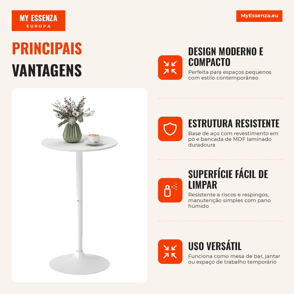 Modern Round Bar Table High Kitchen Table for 2 People White Ø60x102 cm HOMCOM — Infografia PT (vantagens)