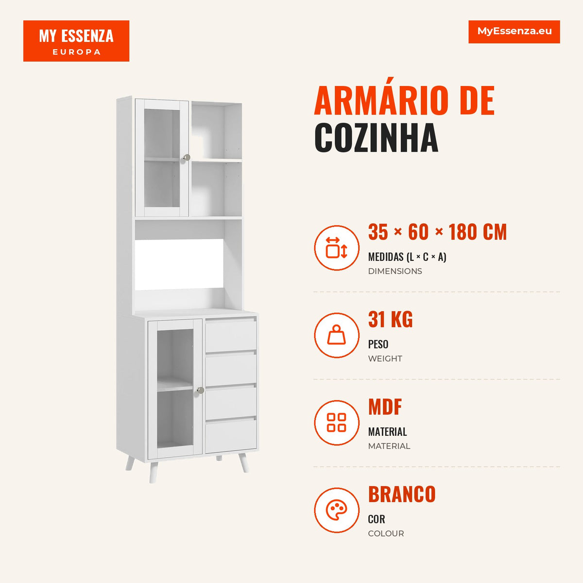 Kitchen Cabinet with 2 Tempered Glass Doors, 2 Open Compartments, 4 Drawers and Adjustable Shelves 60x35x180 cm White — Infografia PT (medidas)