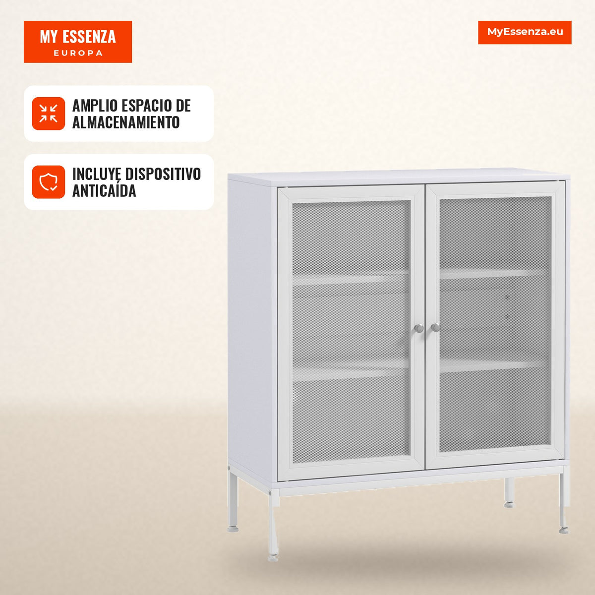 3-Tier Auxiliary Storage Unit with Mesh Doors and Adjustable Shelf Modern Kitchen Sideboard for Living Room 80x37x92 cm  — Infografia ES (em uso)