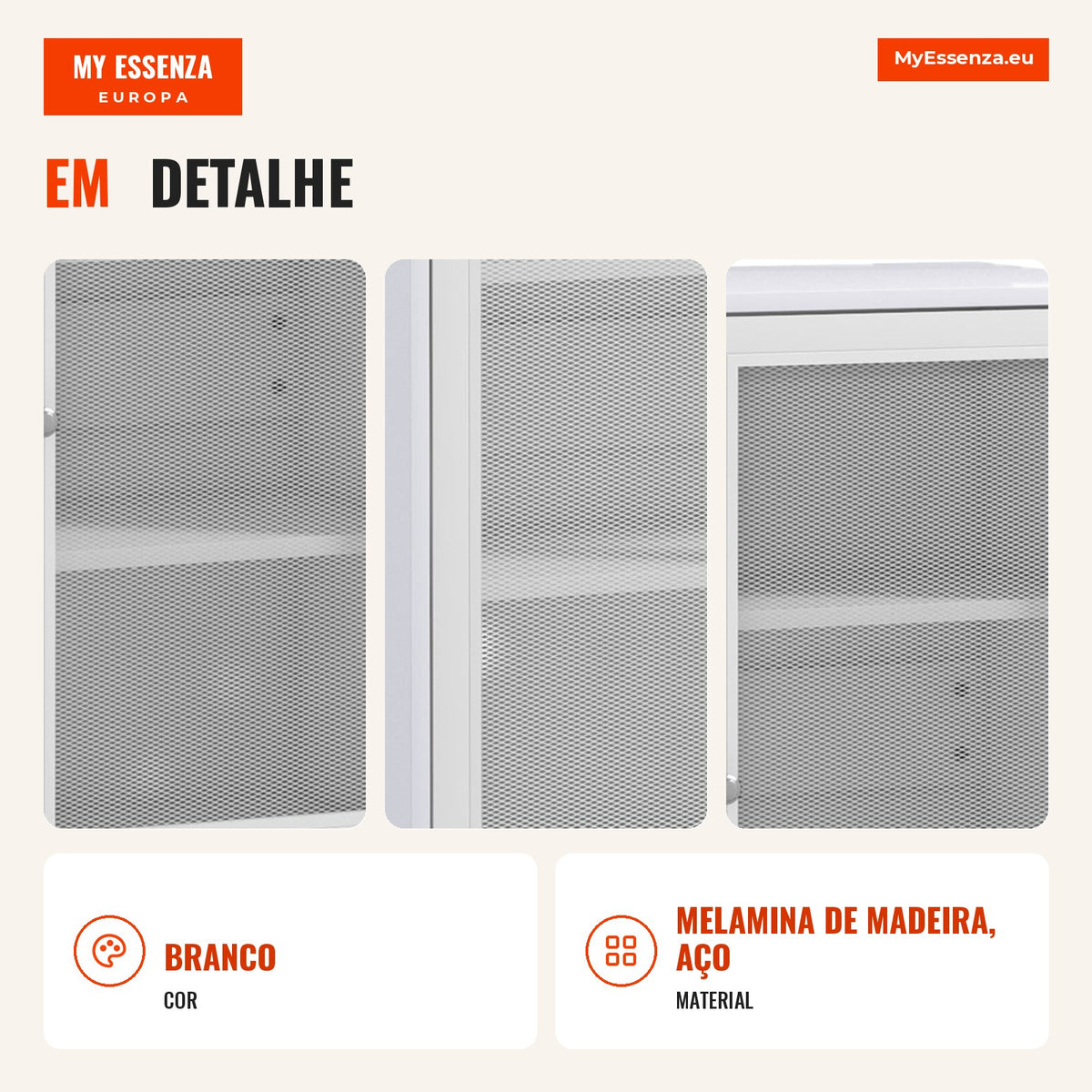3-Tier Auxiliary Storage Unit with Mesh Doors and Adjustable Shelf Modern Kitchen Sideboard for Living Room 80x37x92 cm  — Infografia PT (detalhe)