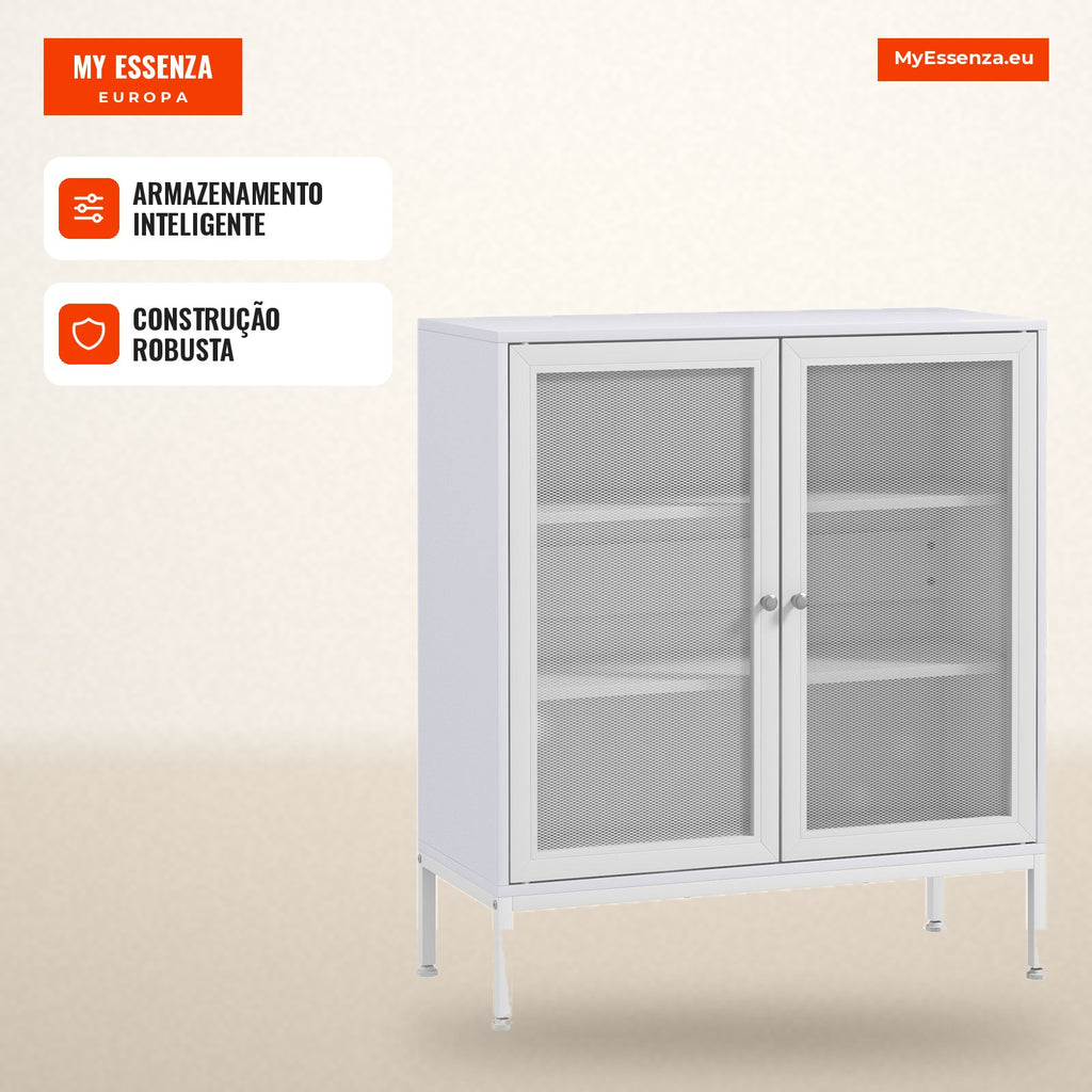3-Tier Auxiliary Storage Unit with Mesh Doors and Adjustable Shelf Modern Kitchen Sideboard for Living Room 80x37x92 cm  — Infografia PT (em uso)