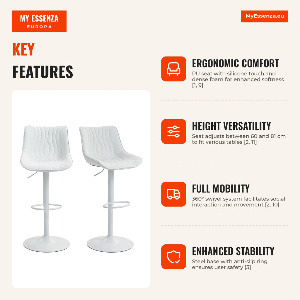 Set of 2 White Kitchen Bar Stools Swivel Height Adjustable 92-110 cm Backrest PU Seat Steel Frame Footrest — Infografia EN (vantagens)