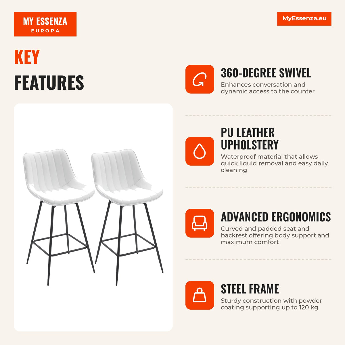Set of 2 Swivel Bar Stools High Kitchen Chairs with Curved Backrest and PU Upholstered Footrest Steel Frame High Kitchen — Infografia EN (vantagens)