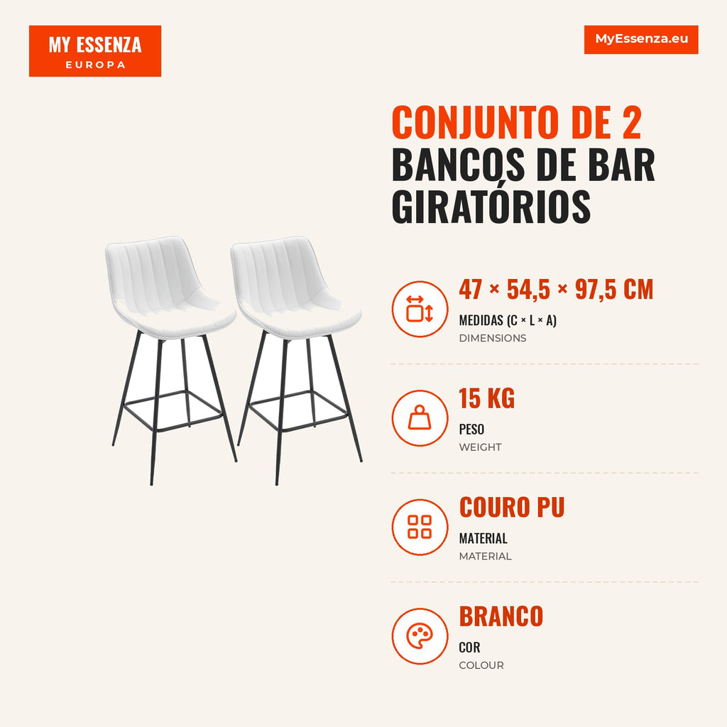 Set of 2 Swivel Bar Stools High Kitchen Chairs with Curved Backrest and PU Upholstered Footrest Steel Frame High Kitchen — Infografia PT (medidas)